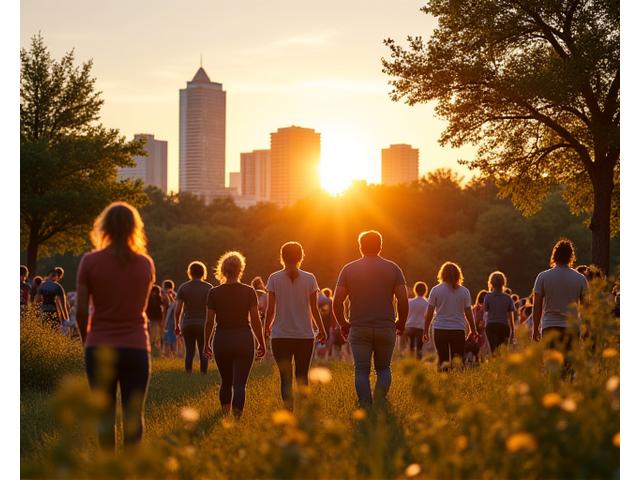 The Austin skyline at sunset, with a vibrant foreground showing diverse people enjoying an outdoor community event, emphasizing connection.