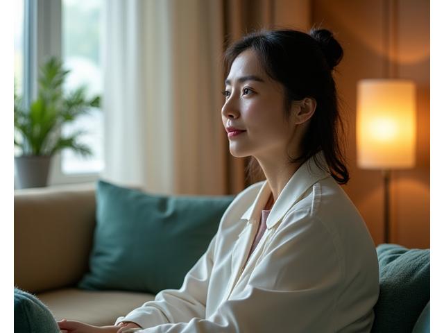 A compassionate mental health therapist, late 30s, in a calm, inviting office, engaged in a conversation with a warm expression.