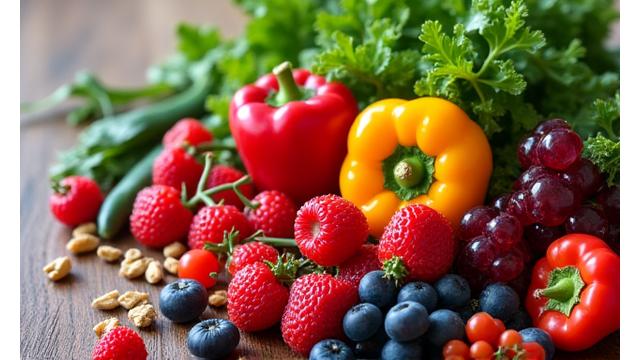 Fresh colorful fruits and vegetables arranged artfully, symbolizing wholesome nutrition.