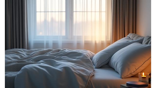 A tranquil bedroom scene with soft lighting, an unmade bed, and a digital alarm clock, signifying restful sleep.