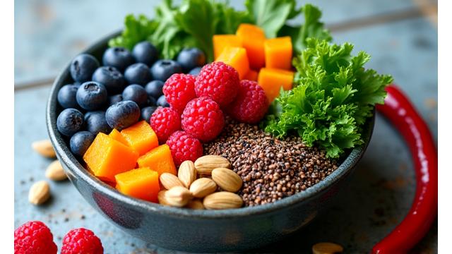 A vibrant bowl of colorful superfoods, including berries, nuts, and leafy greens, a symbol of functional nutrition.