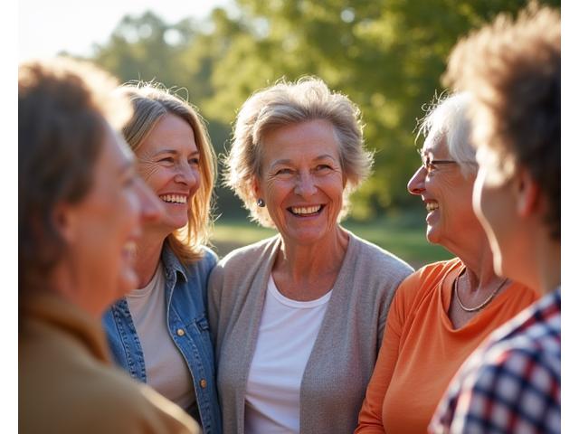 Diverse group of women smiling and chatting in a light-filled outdoor setting, symbolizing community and support in Austin.