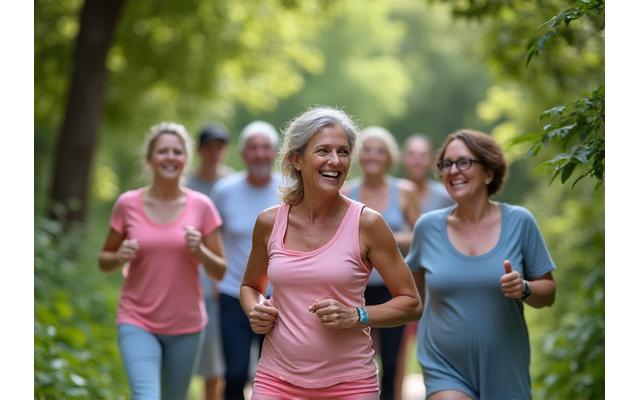 Diverse group of adults engaged in light exercise and conversation in a sunny park.