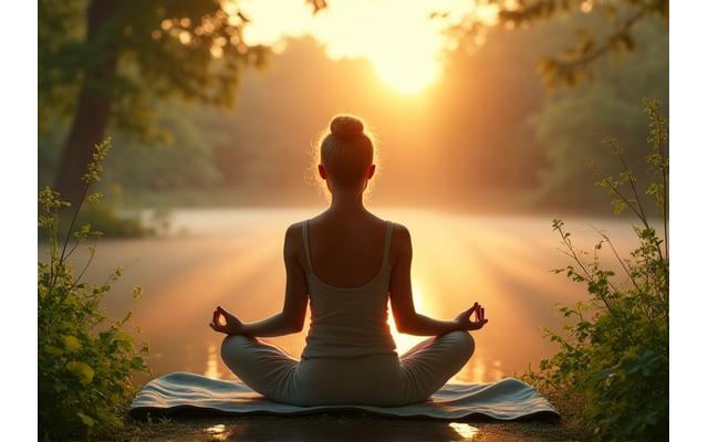Person meditating peacefully in a serene, natural outdoor setting at sunrise.