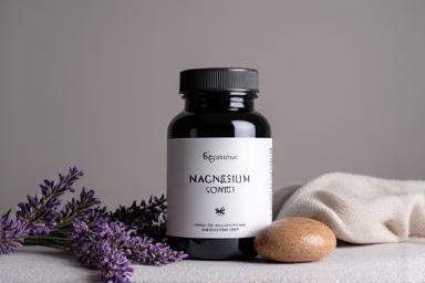 Magnesium complex capsules in a bottle with calming lavender.