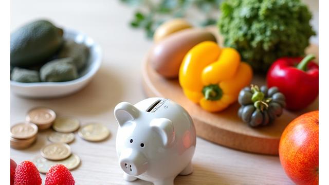 Piggy bank and healthy food items, symbolizing smart budgeting for wellness.