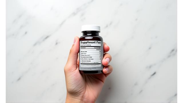 Hand holding a supplement bottle, focusing on the nutrition label with magnifying glass overlay.