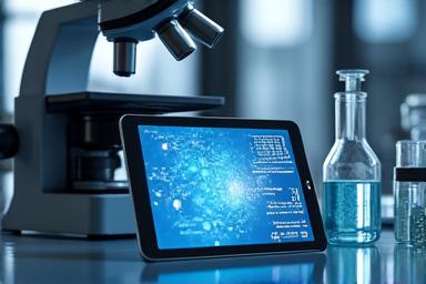 Microscope analyzing ingredients with scientific glassware and data on a screen.