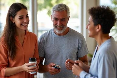 Diverse group of adults over 35 interacting with wellness products, smiling and noting observations.