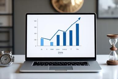 Graph showing upward trend with a watch and calendar, symbolizing long-term tracking.