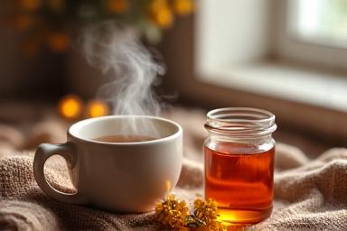 Cozy scene with warm tea and vitamin supplements, symbolizing winter wellness.