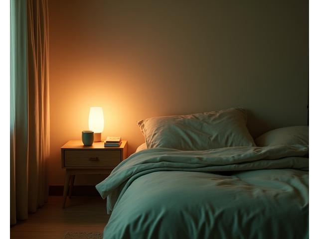Peaceful, dimly lit bedroom with soft bedding and natural wood accents. A bedside lamp casts a warm glow.