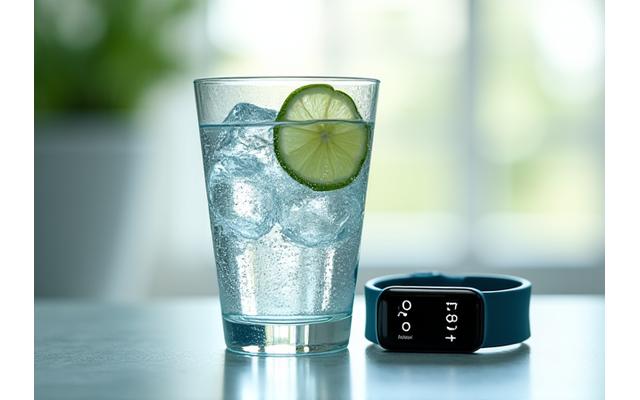 A glass of clear water with ice and a lemon slice, placed near a fitness tracker, symbolizing hydration and health tracking.
