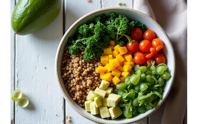 A vibrant bowl of fresh, colorful vegetables and legumes, suggesting healthy and mindful eating, with a soft, natural backlight.