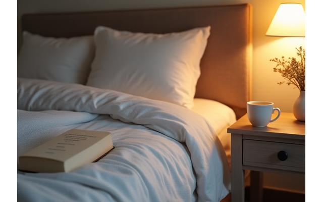 A serene bedroom scene with soft, warm lighting, a comfortable bed, and a book with a cup of herbal tea on a nightstand, promoting restful sleep.