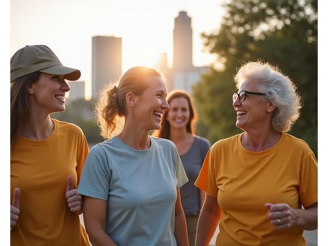 Diverse group of adults in their 40s and 50s sharing a joyful, supportive moment during a walk outdoors, representing connection and well-being.