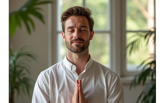 Man, John, in his late 30s or early 40s, looking peaceful and focused, potentially meditating or practicing mindfulness in a serene setting.