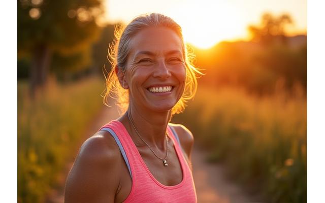 Middle-aged woman, Maria, beaming with health and confidence post-wellness transformation, possibly on a hike or enjoying nature.