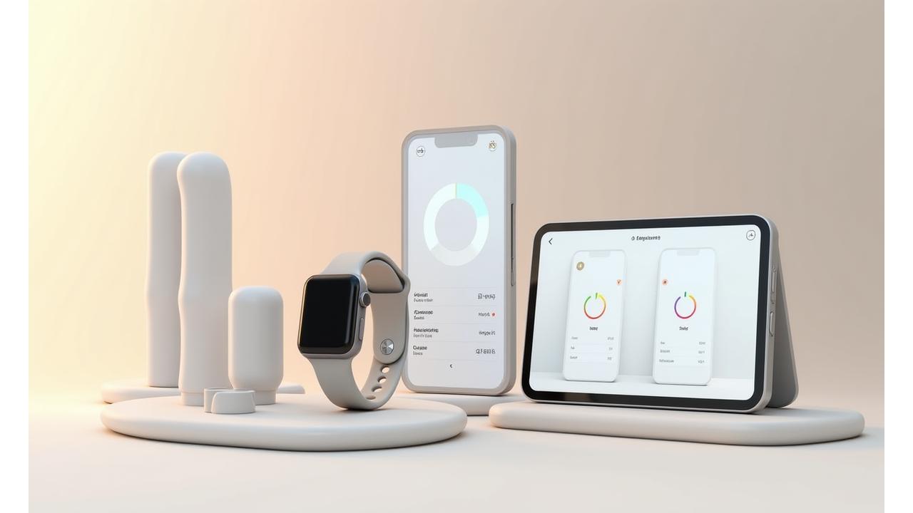 A collection of modern wellness devices like smartwatches, fitness trackers, and health apps displayed on a clean surface, hinting at integrated digital health.